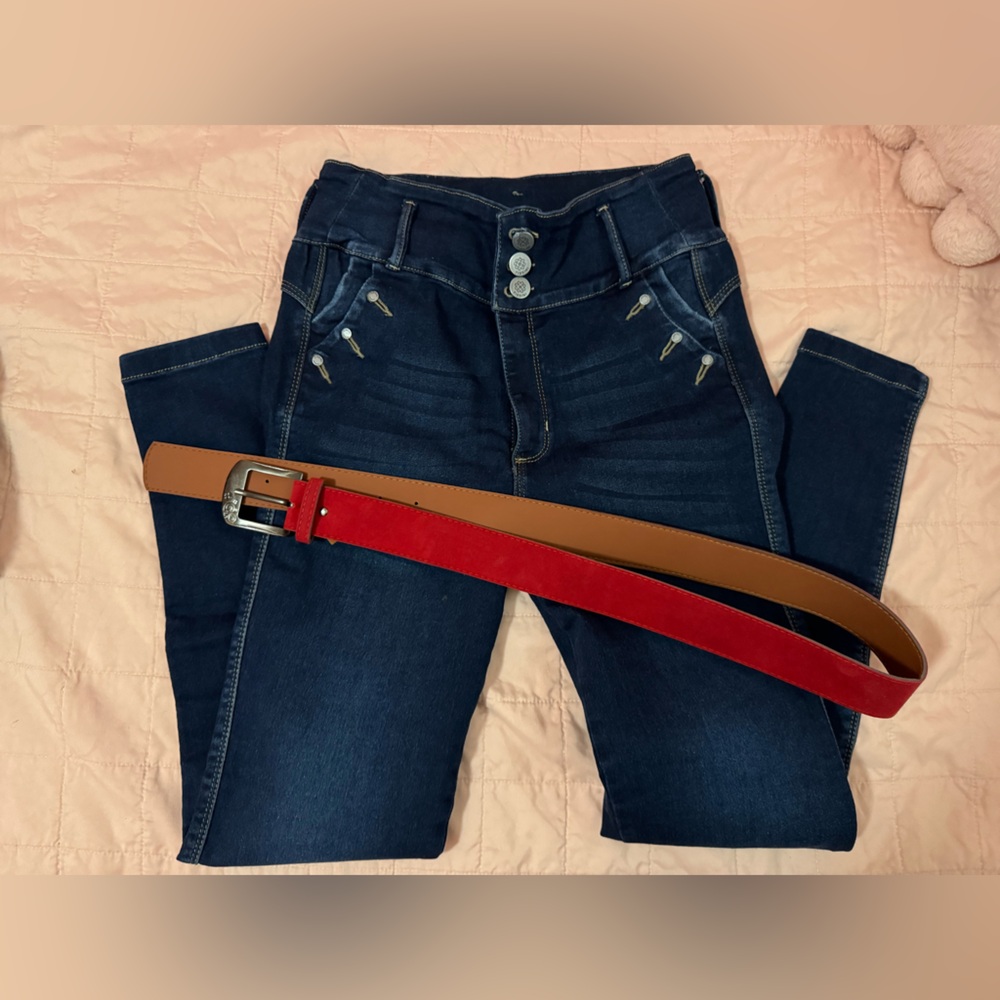 Women's Blue Jeans with Red and Brown Belt